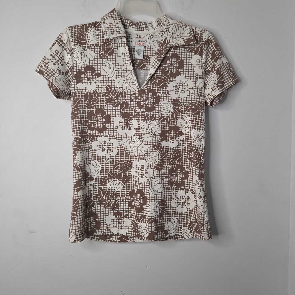 IZOD XFG Cool FX Womens XS Brown White Floral Golf Polo Shirt Short Sleeve VNeck